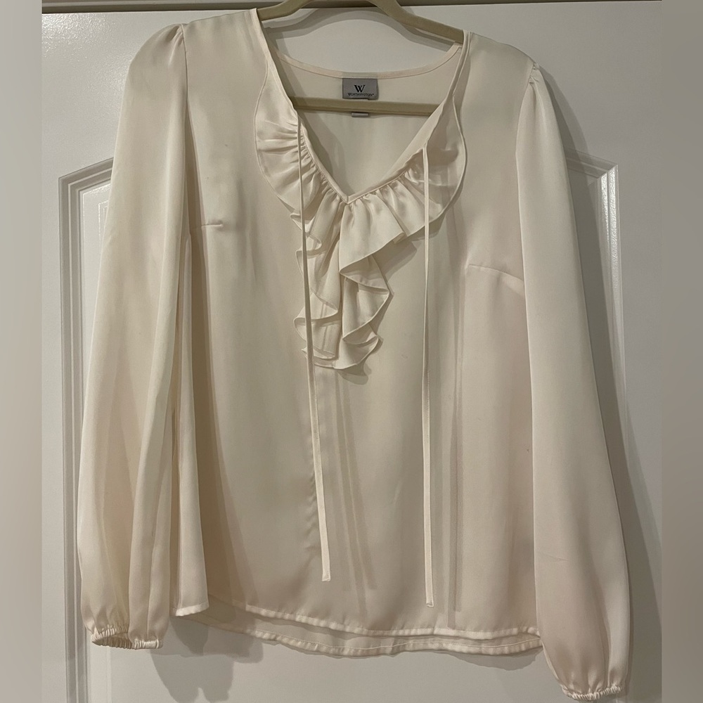 Off white polyester ruffled blouse